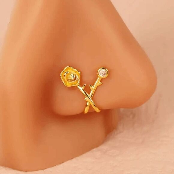 Gold Rose Diamond Nose Ring Cuff - Picture 1 of 6